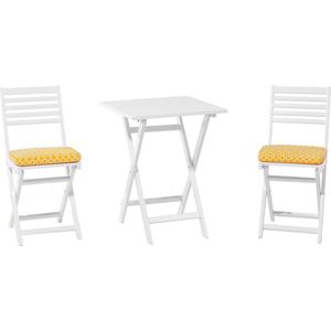 Balkonset tuintafel set van 2 stoelen lichtbruin acaciahout opklapbaar met gele kussens