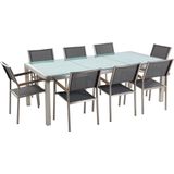 Tuinset tafel en 8 stoelen grijs RVS textiel matglazen driedelig tafelblad houtlook armleuningen