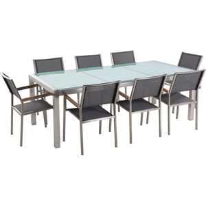 Tuinset tafel en 8 stoelen grijs RVS textiel matglazen driedelig tafelblad houtlook armleuningen