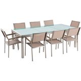 Tuinset tafel en 8 stoelen beige RVS textiel matglazen driedelig tafelblad houtlook armleuningen