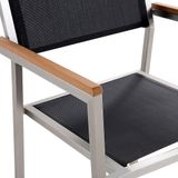 Tuinset tafel en 8 stoelen zwart RVS textiel matglazen driedelig tafelblad houtlook armleuningen