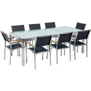 Tuinset tafel en 8 stoelen zwart RVS textiel matglazen driedelig tafelblad houtlook armleuningen