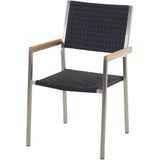 Tuinset tafel en 8 stoelen zwart RVS wicker matglazen driedelig tafelblad houtlook armleuningen