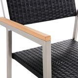 Tuinset tafel en 8 stoelen zwart RVS wicker matglazen driedelig tafelblad houtlook armleuningen