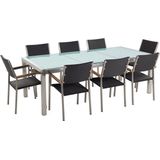 Tuinset tafel en 8 stoelen zwart RVS wicker matglazen driedelig tafelblad houtlook armleuningen