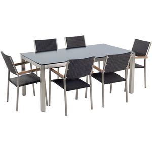 Tuinset tafel en 6 stoelen zwart RVS wicker zwart glazen tafelblad houtlook armleuningen