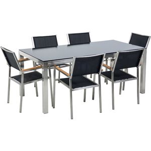 Tuinset tafel en 6 stoelen zwart RVS textiel zwart glazen tafelblad houtlook armleuningen