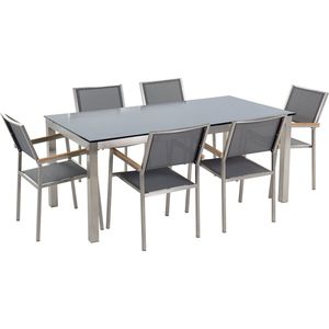 Tuinset tafel en 6 stoelen grijs RVS textiel zwart glazen tafelblad houtlook armleuningen