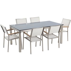Tuinset tafel en 6 stoelen wit RVS textiel zwart glazen tafelblad houtlook armleuningen
