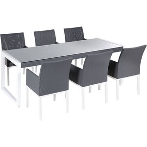 Tuinset tafel 6 stoelen donkergrijs/wit aluminium glazen blad