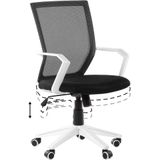 Bureaustoel zwart gaas wit frame zitvlak in hoogte verstelbaar 360° draaibaar met wielen modern