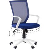 Bureaustoel donkerblauw gaas wit frame zitvlak in hoogte verstelbaar 360° draaibaar met wielen modern