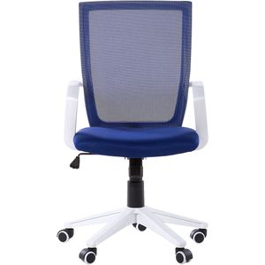 Bureaustoel donkerblauw gaas wit frame zitvlak in hoogte verstelbaar 360�° draaibaar met wielen modern