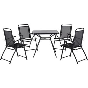 Tuinset tafel en 4 stoelen zwart glas/staal textiel 5-delig opklapbaar modern