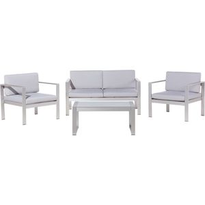 Tuinset tweezitsbank 2 fauteuils salontafel wit/lichtgrijs aluminium kunsthout 4-zits kussens