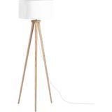 Staande lamp wit hout 140 cm ronde stoffen lampenkap drie poten modern ontwerp