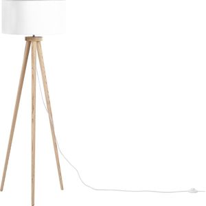 Staande lamp wit hout 140 cm ronde stoffen lampenkap drie poten modern ontwerp