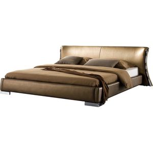 Echt Leer Tweepersoons Waterbed 160 x 200 cm Gebogen Hoofdbord Goud Paris