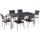 Tuinset tafel en 6 stoelen zwart RVS wicker zwart gepolijst graniet driedelig tafelblad houtlook armleuningen