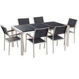 Tuinset tafel en 6 stoelen zwart RVS textiel zwart gepolijst graniet driedelig tafelblad houtlook armleuningen