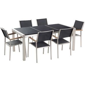 Tuinset tafel en 6 stoelen zwart RVS textiel zwart gepolijst graniet driedelig tafelblad houtlook armleuningen