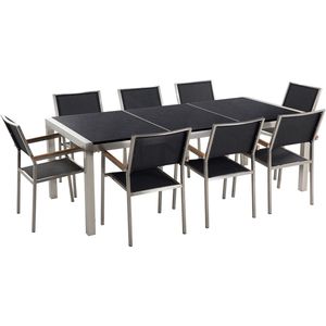 Tuinset tafel en 8 stoelen zwart RVS textiel zwart gepolijst graniet driedelig tafelblad houtlook armleuningen