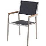 Tuinset tafel en 8 stoelen zwart RVS textiel zwart gebrand graniet driedelig tafelblad houtlook armleuningen