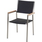 Tuinset tafel en 8 stoelen zwart RVS wicker zwart gepolijst graniet driedelig tafelblad houtlook armleuningen
