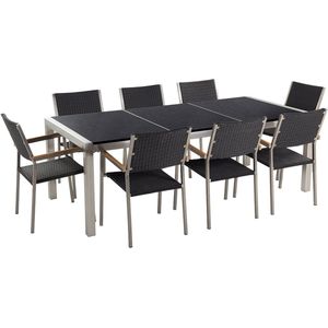 Tuinset tafel en 8 stoelen zwart RVS wicker zwart gepolijst graniet driedelig tafelblad houtlook armleuningen