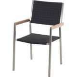 Tuinset tafel en 8 stoelen zwart RVS wicker zwart gebrand graniet driedelig tafelblad houtlook armleuningen