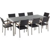 Tuinset tafel en 8 stoelen grijs RVS wicker grijs gepolijst graniet driedelig tafelblad houtlook armleuningen