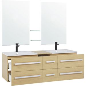 Badkamermeubel beige/wit/zilver MDF SMC zwevende ladekasten dubbele wasbak twee spiegels modern