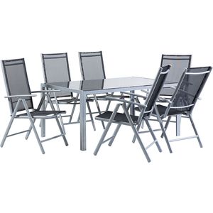 Tuinset zwart aluminium eettafel met 6 stoelen vouwbaar verstelbare rugleuning