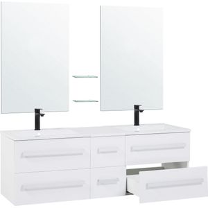 Badkamermeubel wit/zilver MDF SMC zwevende ladekasten dubbele wasbak twee spiegels modern