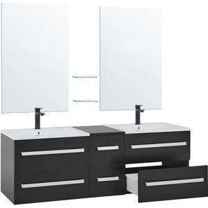 Badkamermeubel zwart/wit/zilver MDF SMC zwevende ladekasten dubbele wasbak twee spiegels modern