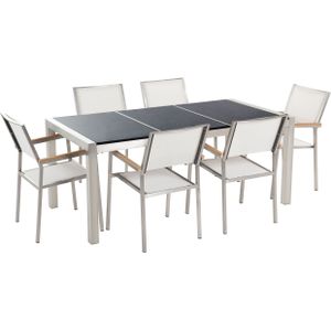 Tuinset tafel en 6 stoelen wit RVS textiel zwart gepolijst graniet driedelig tafelblad houtlook armleuningen