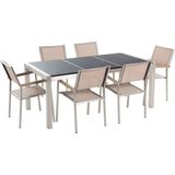 Tuinset tafel en 6 stoelen beige RVS textiel zwart gepolijst graniet driedelig tafelblad houtlook armleuningen