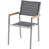 Tuinset tafel en 6 stoelen grijs RVS textiel zwart gepolijst graniet driedelig tafelblad houtlook armleuningen