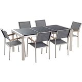 Tuinset tafel en 6 stoelen grijs RVS textiel zwart gepolijst graniet driedelig tafelblad houtlook armleuningen