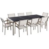 Tuinset tafel en 8 stoelen wit RVS textiel zwart gepolijst graniet driedelig tafelblad houtlook armleuningen