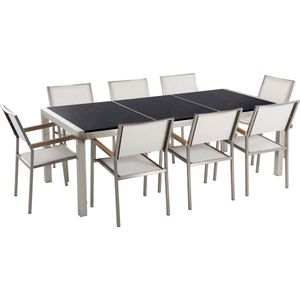 Tuinset tafel en 8 stoelen wit RVS textiel zwart gepolijst graniet driedelig tafelblad houtlook armleuningen