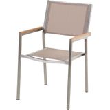 Tuinset tafel en 8 stoelen beige RVS textiel zwart gepolijst graniet driedelig tafelblad houtlook armleuningen