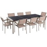 Tuinset tafel en 8 stoelen beige RVS textiel zwart gepolijst graniet driedelig tafelblad houtlook armleuningen