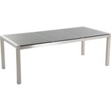 Tuinset tafel en 8 stoelen grijs RVS textiel grijs gepolijst graniet driedelig tafelblad houtlook armleuningen