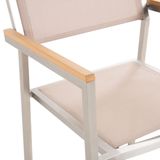 Tuinset tafel en 8 stoelen beige RVS textiel grijs gepolijst graniet driedelig tafelblad houtlook armleuningen