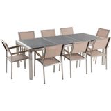 Tuinset tafel en 8 stoelen beige RVS textiel grijs gepolijst graniet driedelig tafelblad houtlook armleuningen