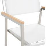 Tuinset tafel en 8 stoelen wit RVS textiel grijs gepolijst graniet driedelig tafelblad houtlook armleuningen