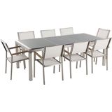 Tuinset tafel en 8 stoelen wit RVS textiel grijs gepolijst graniet driedelig tafelblad houtlook armleuningen