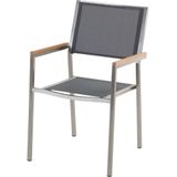 Tuinset tafel en 8 stoelen grijs RVS textiel zwart gepolijst graniet driedelig tafelblad houtlook armleuningen