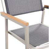 Tuinset tafel en 8 stoelen grijs RVS textiel zwart gepolijst graniet driedelig tafelblad houtlook armleuningen